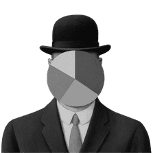 Magritte-figuur met bolhoed en een datavisualisatie als gezicht